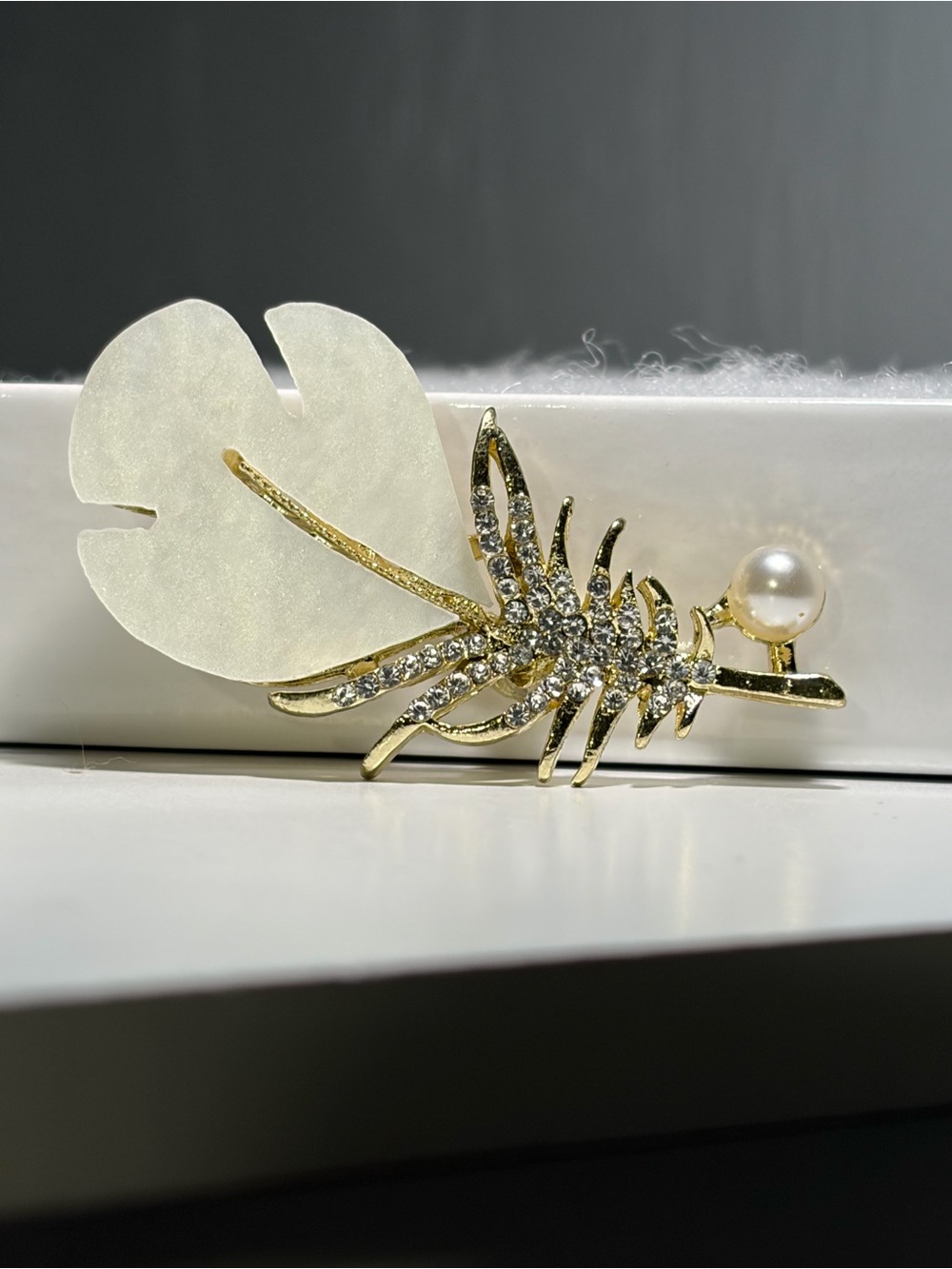 Gold Crystal Feather Brooch with White Pearl Accent